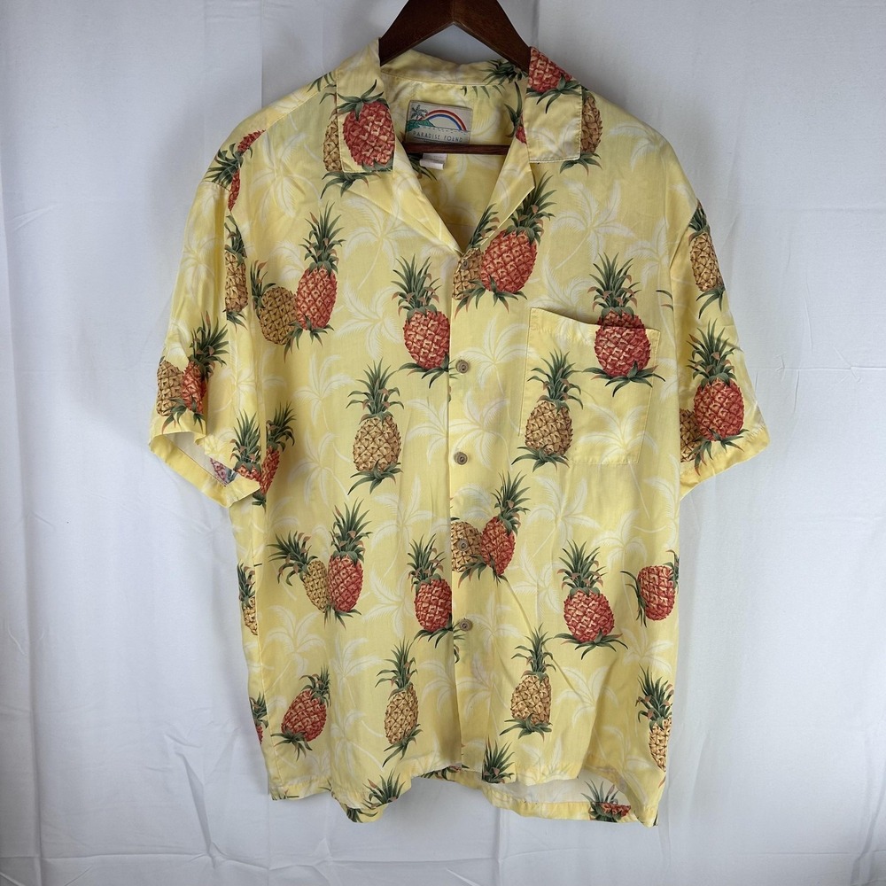 Paradise Found Shirt Mens Large Yellow Hawaiian Aloha Pineapple Rayon‎ Made USA